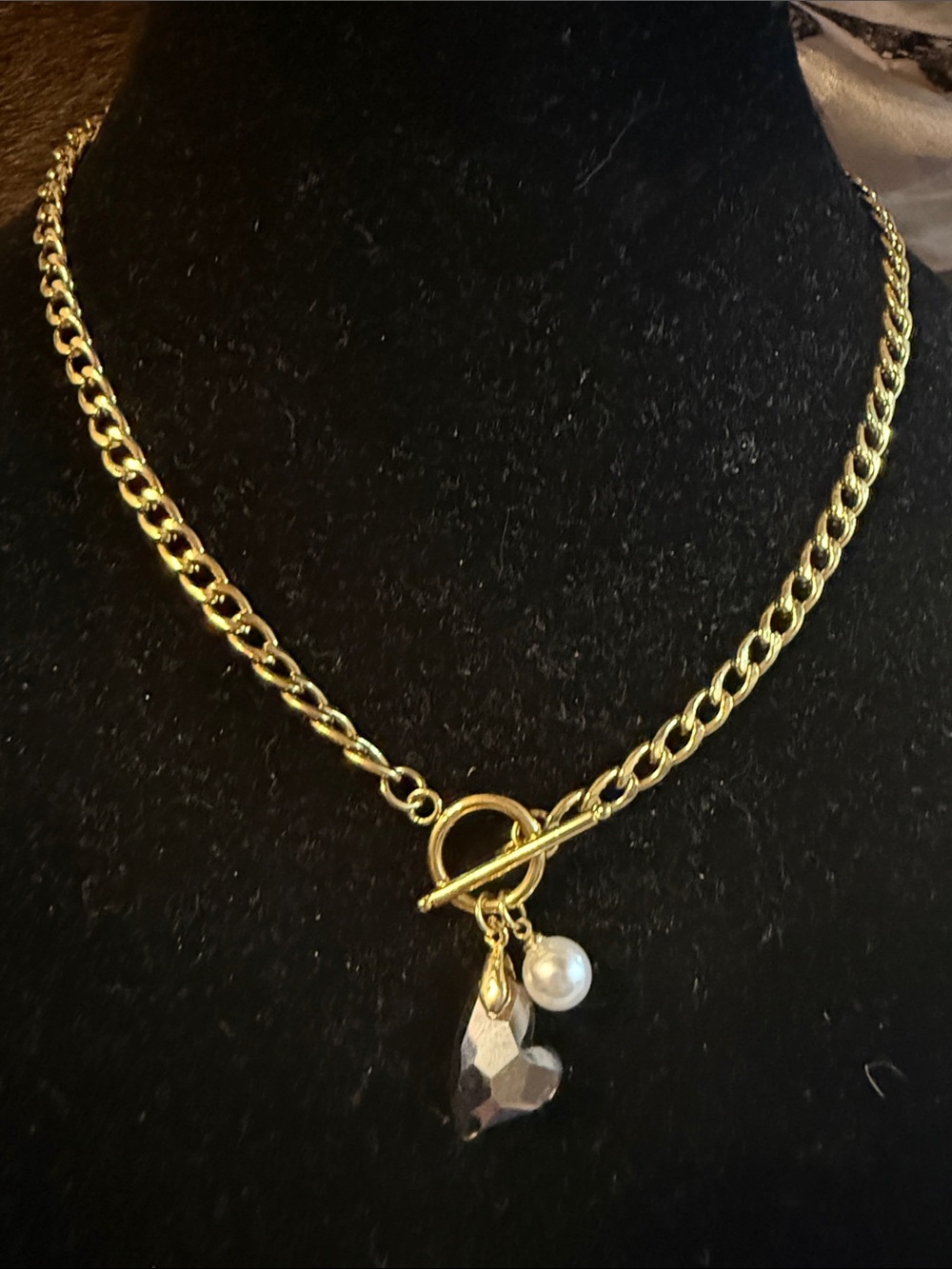 Gold Chain Toggle Necklace with Heart Crystal and Pearl Charm Stainless Steel